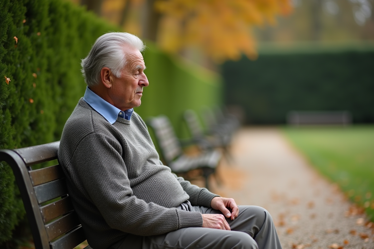 Homme âgé assis sur un banc dans un jardin en automne