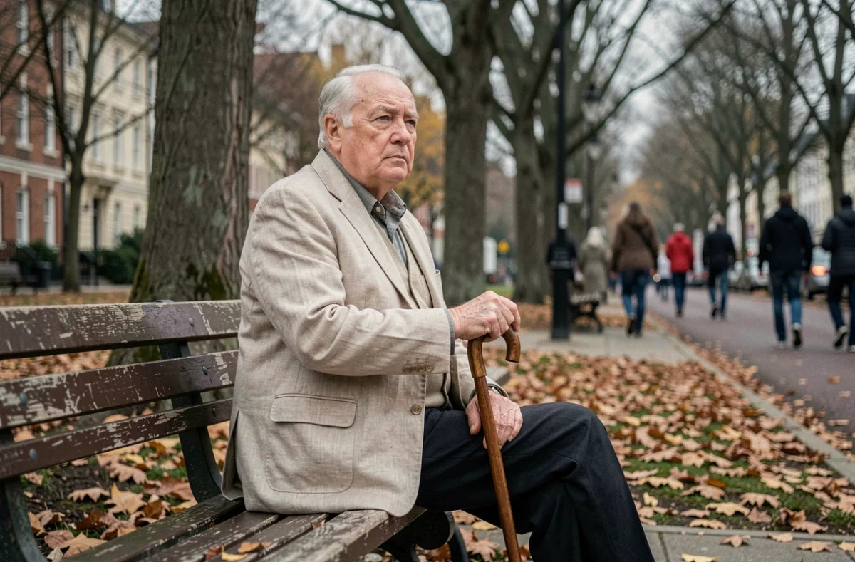 Homme âgé assis seul sur un banc de parc en automne, regard perdu dans le vide, évoquant l'isolement social lié à la sénilité