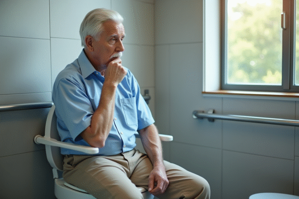 Homme agee assis sur un WC dans une salle de bain moderne