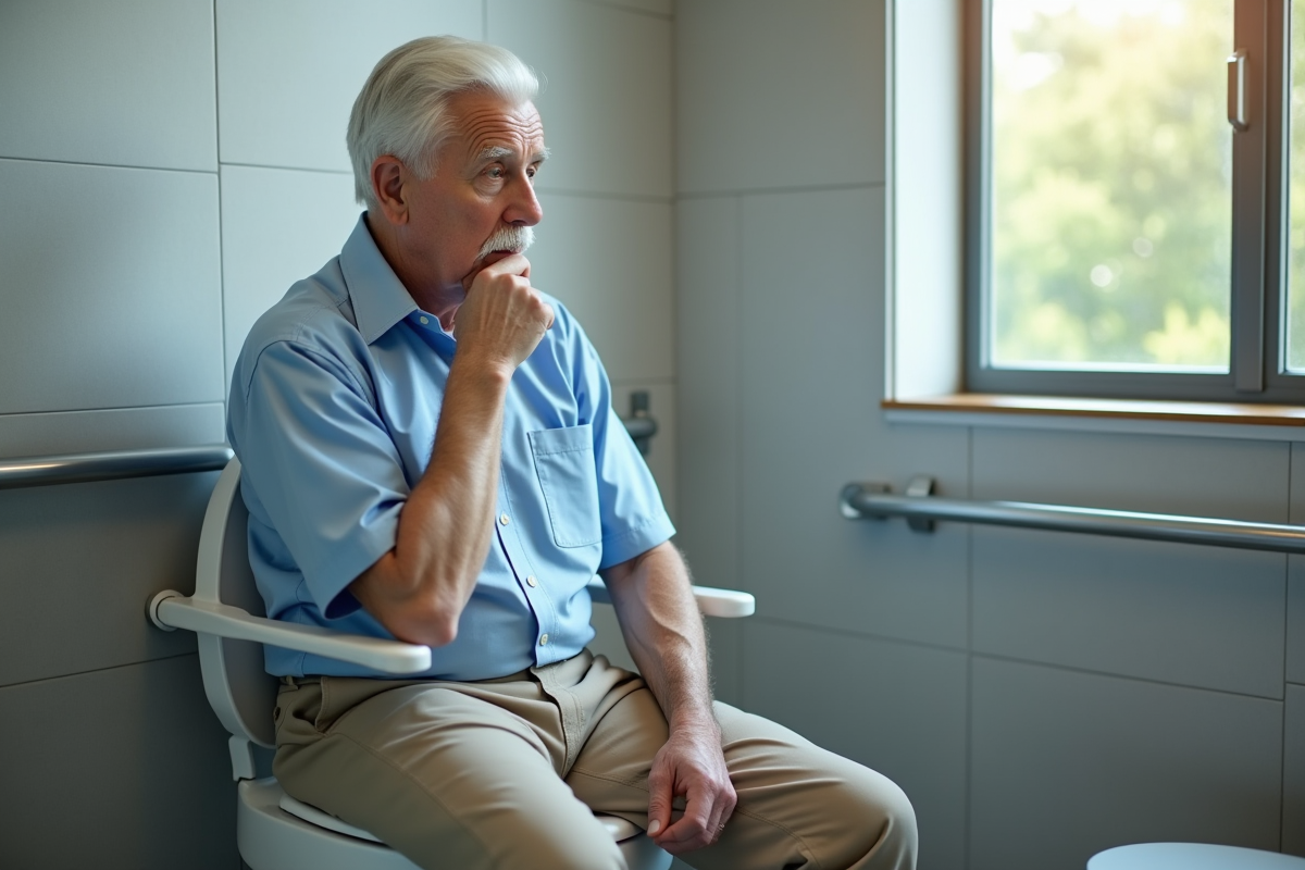 Homme agee assis sur un WC dans une salle de bain moderne