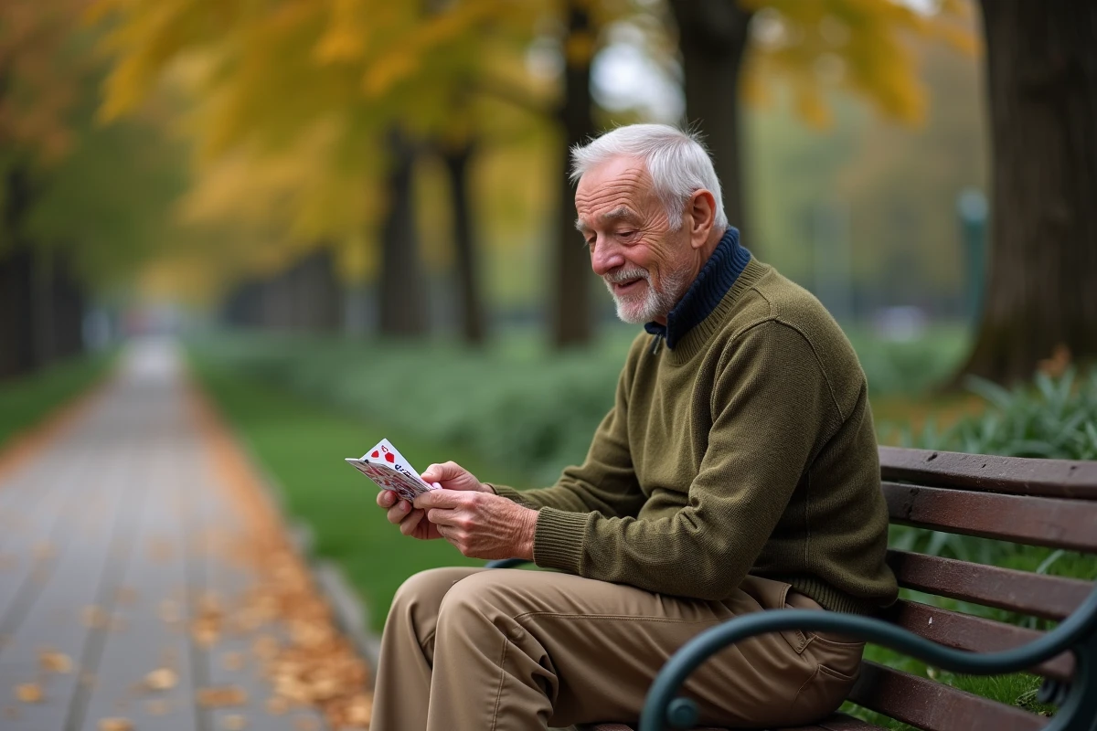 Homme agee joue aux cartes dans un parc en automne