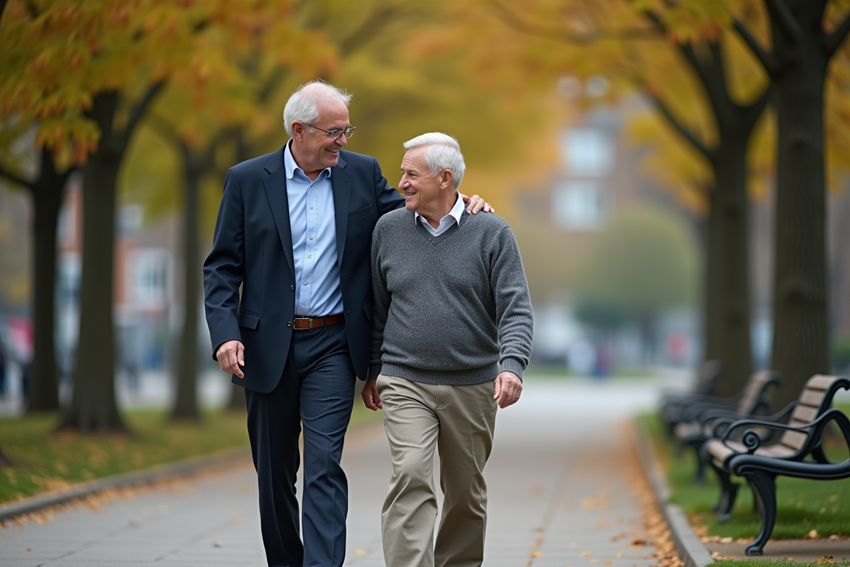 Homme d age aidant son père lors d une promenade dans un parc