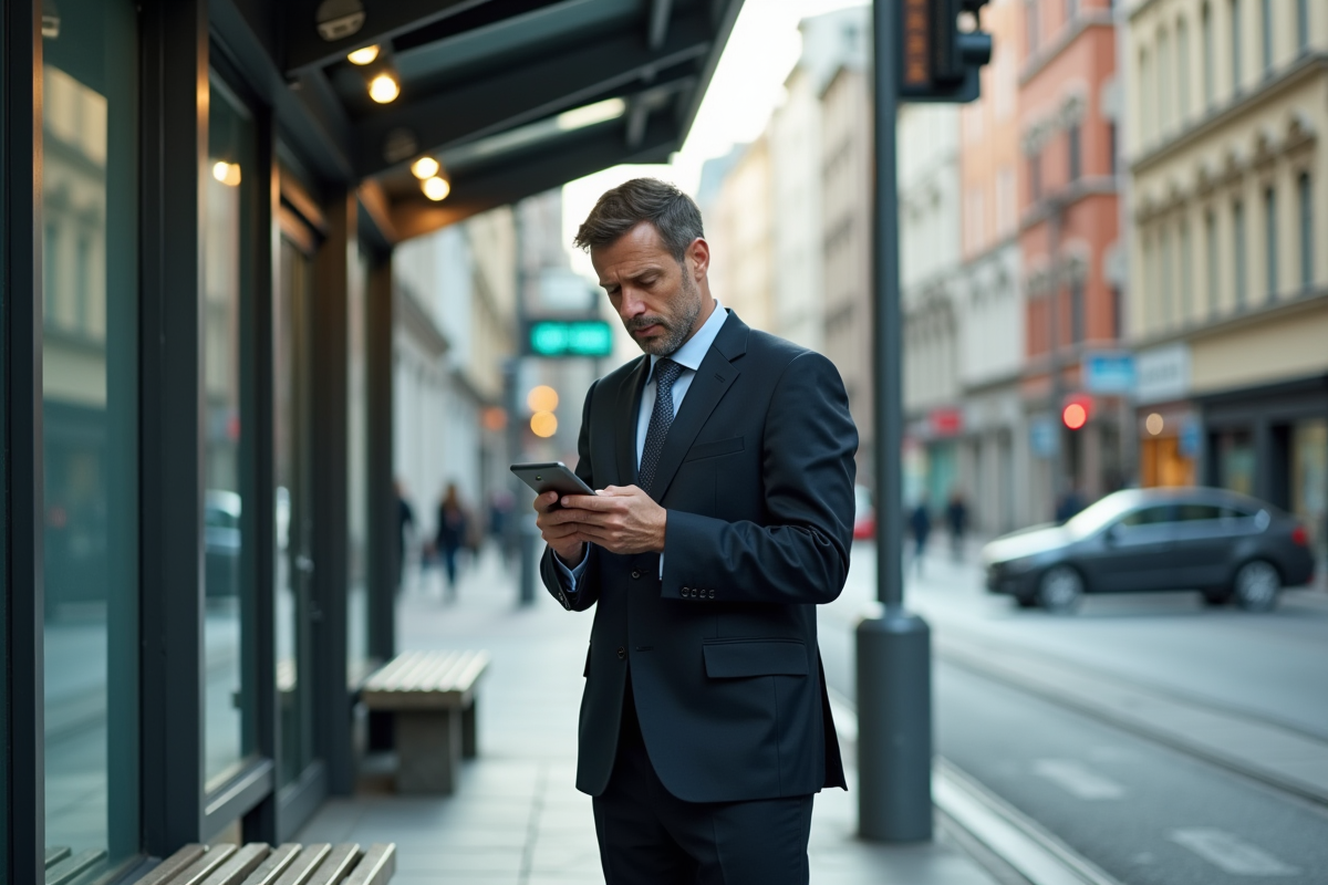 Homme d affaires attendant au arrêt de tram urbain