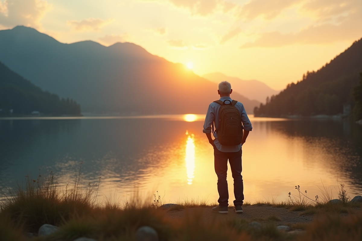 Homme âgé regardant le lac au lever du soleil pour l article
