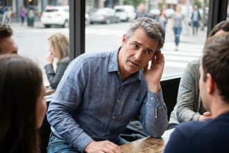 Homme d'âge moyen dans un café avec amis, expression pensive