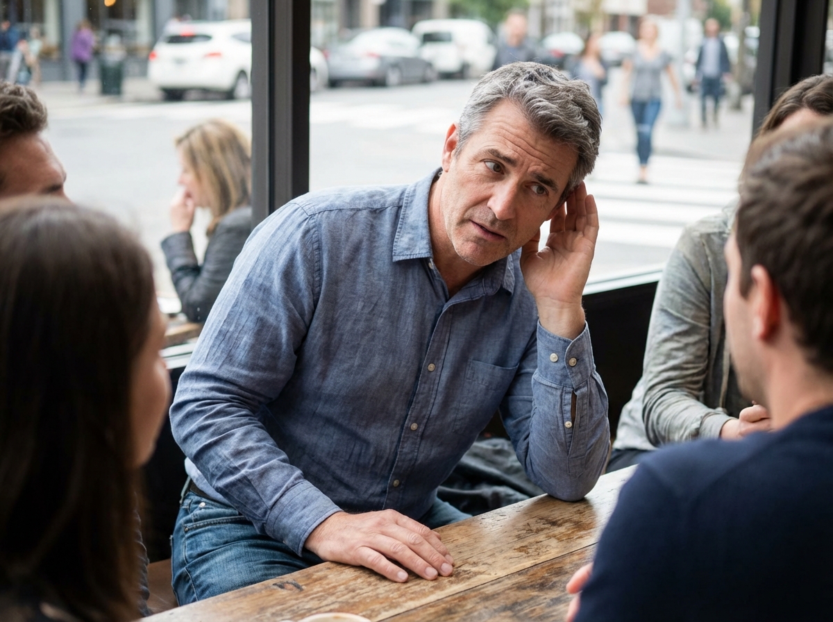 Homme d'âge moyen dans un café avec amis, expression pensive