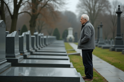 Homme âgé devant une tombe dans un cimetière calme