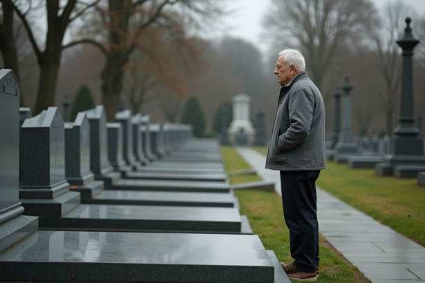 Homme âgé devant une tombe dans un cimetière calme
