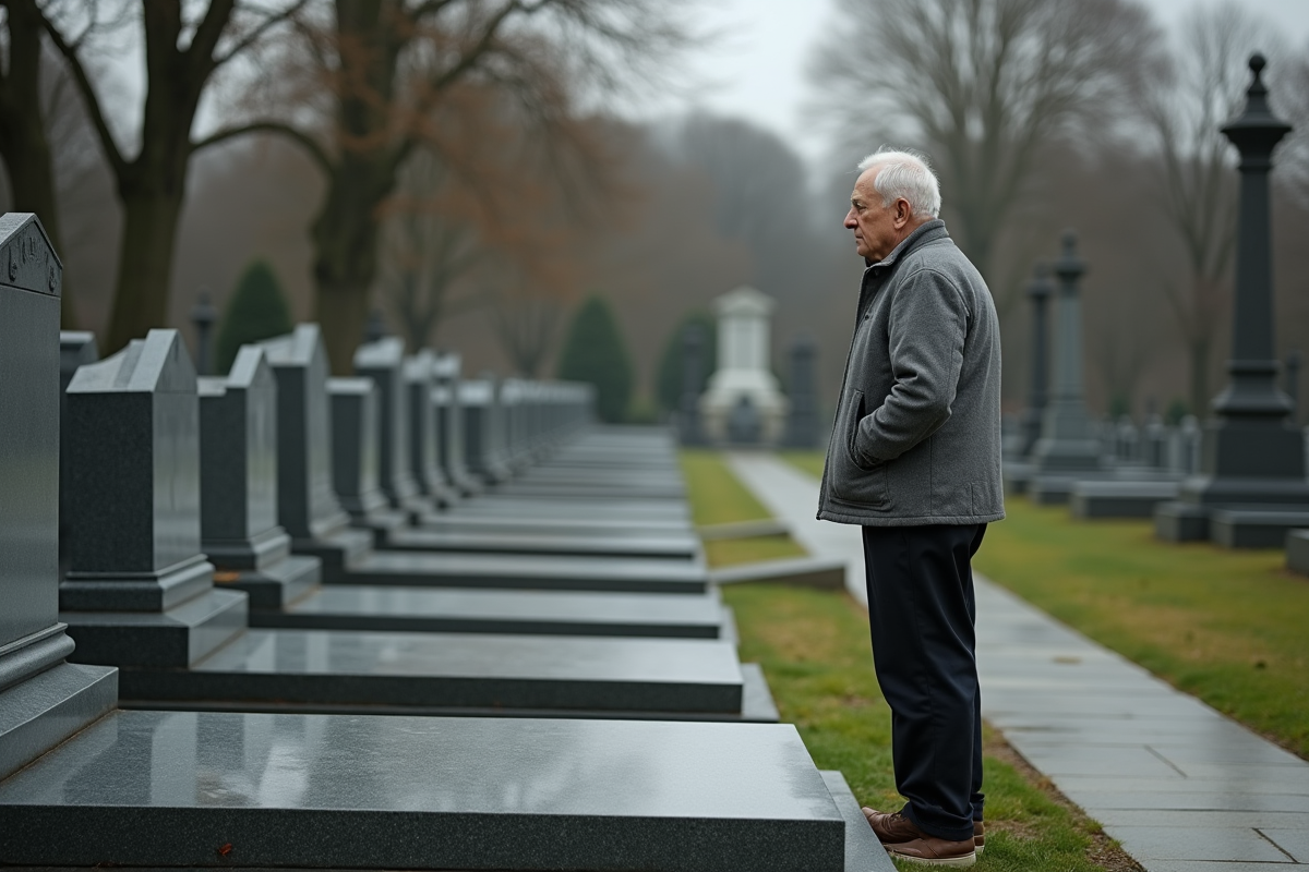Homme âgé devant une tombe dans un cimetière calme
