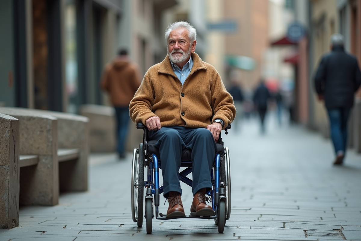 Homme en fauteuil roulant sur trottoir urbain