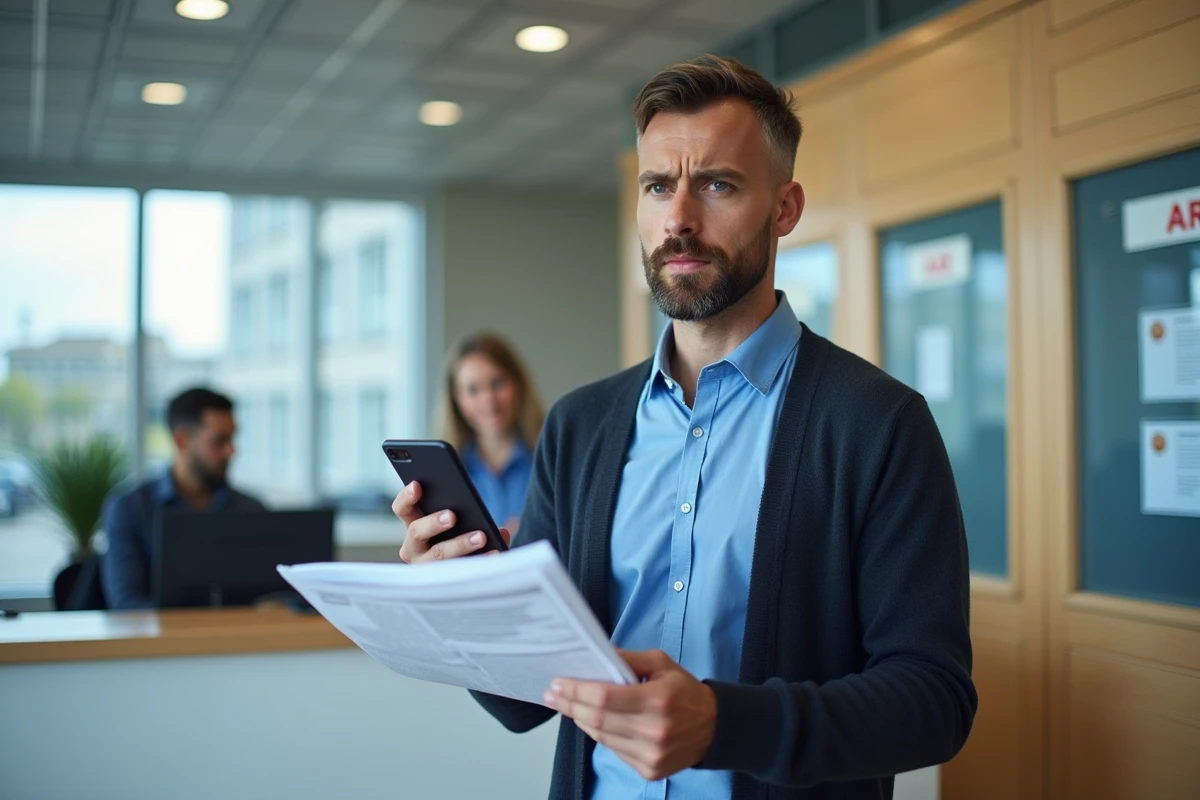 Homme discutant avec un agent dans un bureau public
