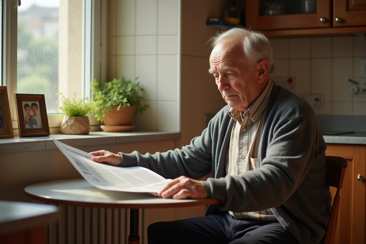 Homme âgé lisant un journal dans une cuisine lumineuse