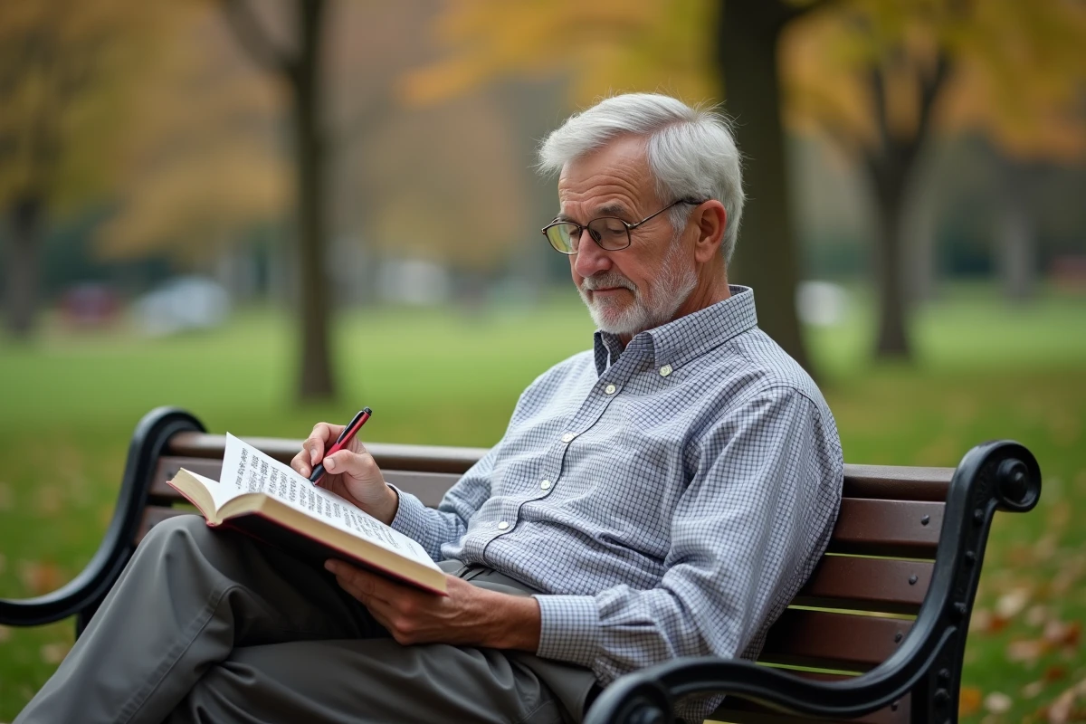 Homme âgé lit un mots croisés dans un parc en automne
