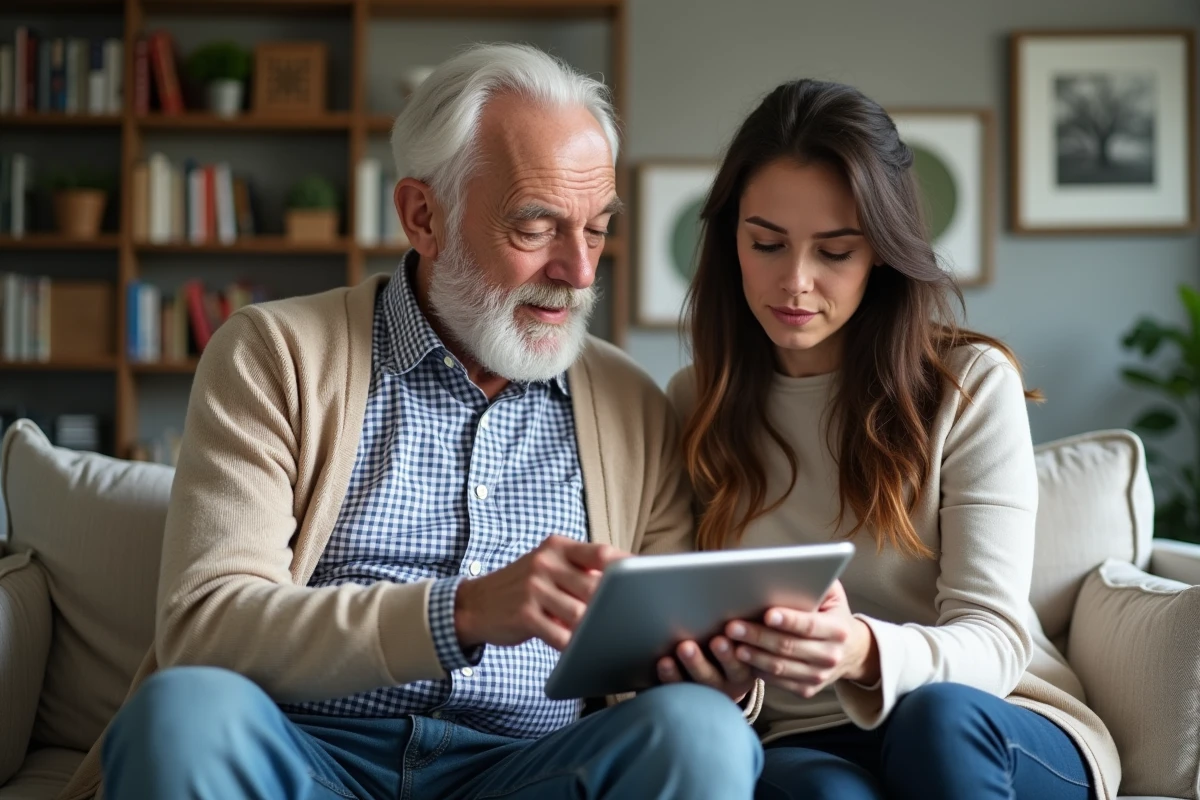 Homme âgé avec femme regardant une tablette dans un salon moderne