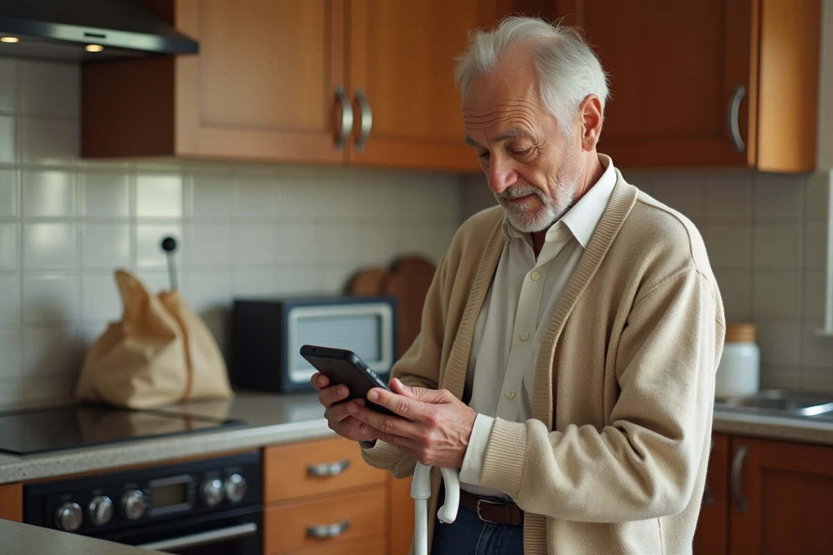 Homme malvoyant utilisant un smartphone adapté dans sa cuisine, bénéficiaire potentiel de la revalorisation de l'AAH en 2026