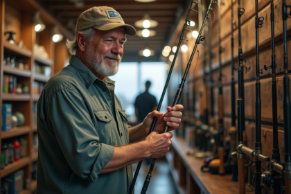 Homme d'âge moyen choisissant des rouleaux de pêche en magasin