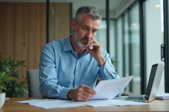 Homme d'âge moyen en revue de documents de pension au bureau