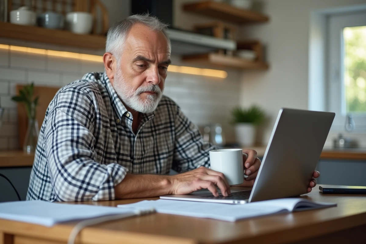 Un homme de 62 ans rédige sa lettre de départ en cumul emploi-retraite sur un ordinateur portable dans sa cuisine