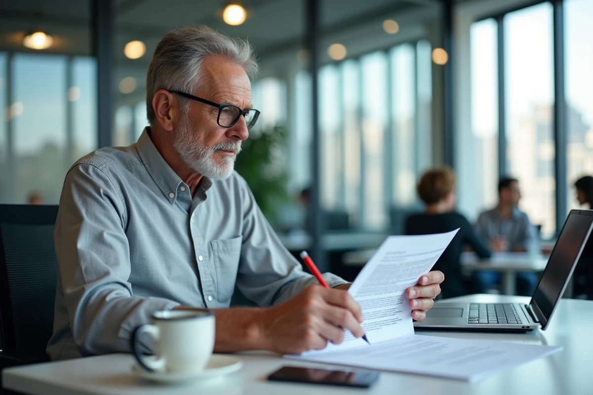 Homme de 62 ans relisant et corrigeant sa lettre de départ en retraite dans un bureau professionnel
