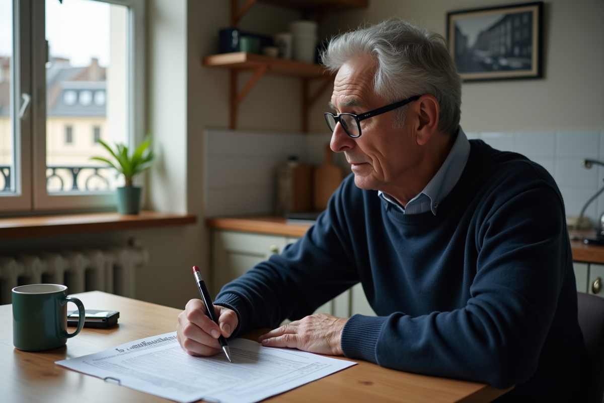 Homme pensif remplissant des formulaires à la maison