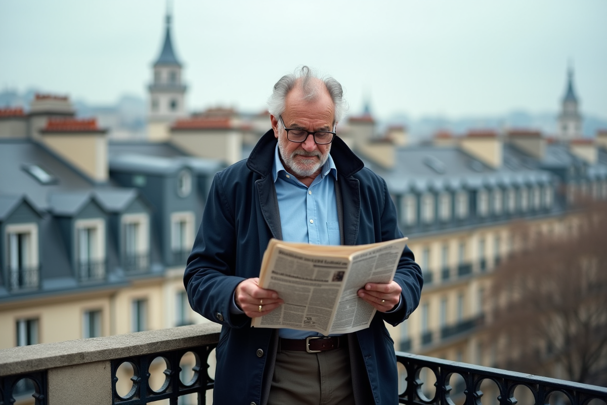 Homme retraité lisant un journal sur un balcon parisien