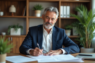 Homme d'âge moyen en costume dans un bureau moderne