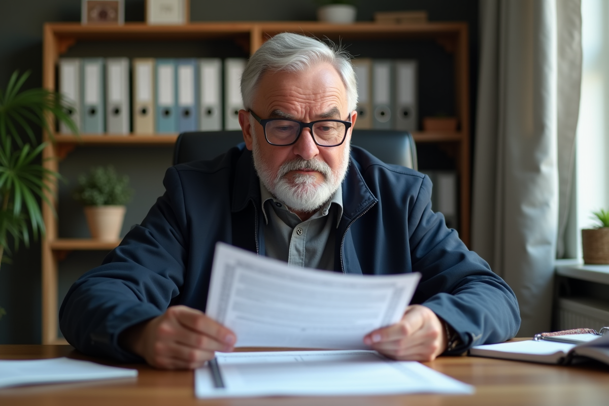 Homme mature en bureau examinant des documents de retraite