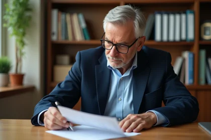 Un homme de 63 ans en blazer marine révise une lettre de départ à la retraite dans un bureau à domicile bien rangé