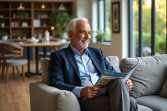 Homme retraité en blazer regardant des brochures de voyage