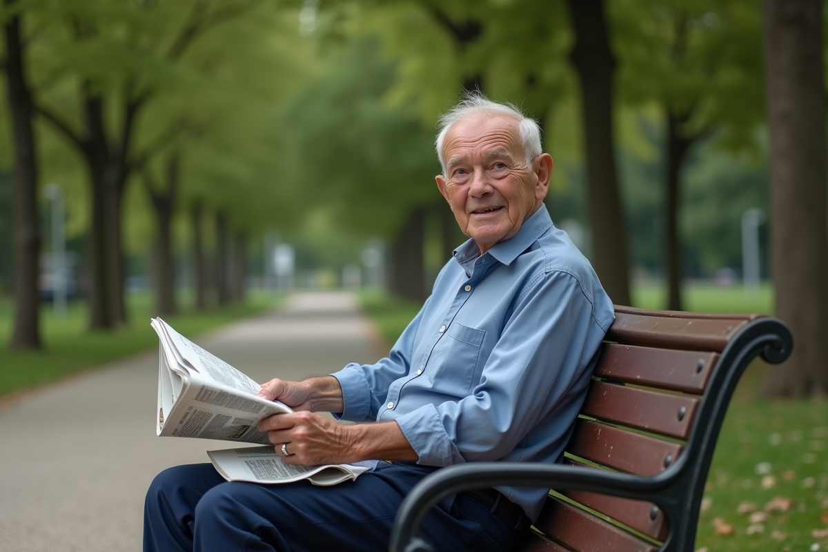 Homme âgé assis sur un banc dans un parc avec vêtement discret