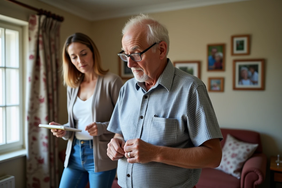 Homme âgé essayant de boutonner sa chemise avec sa fille