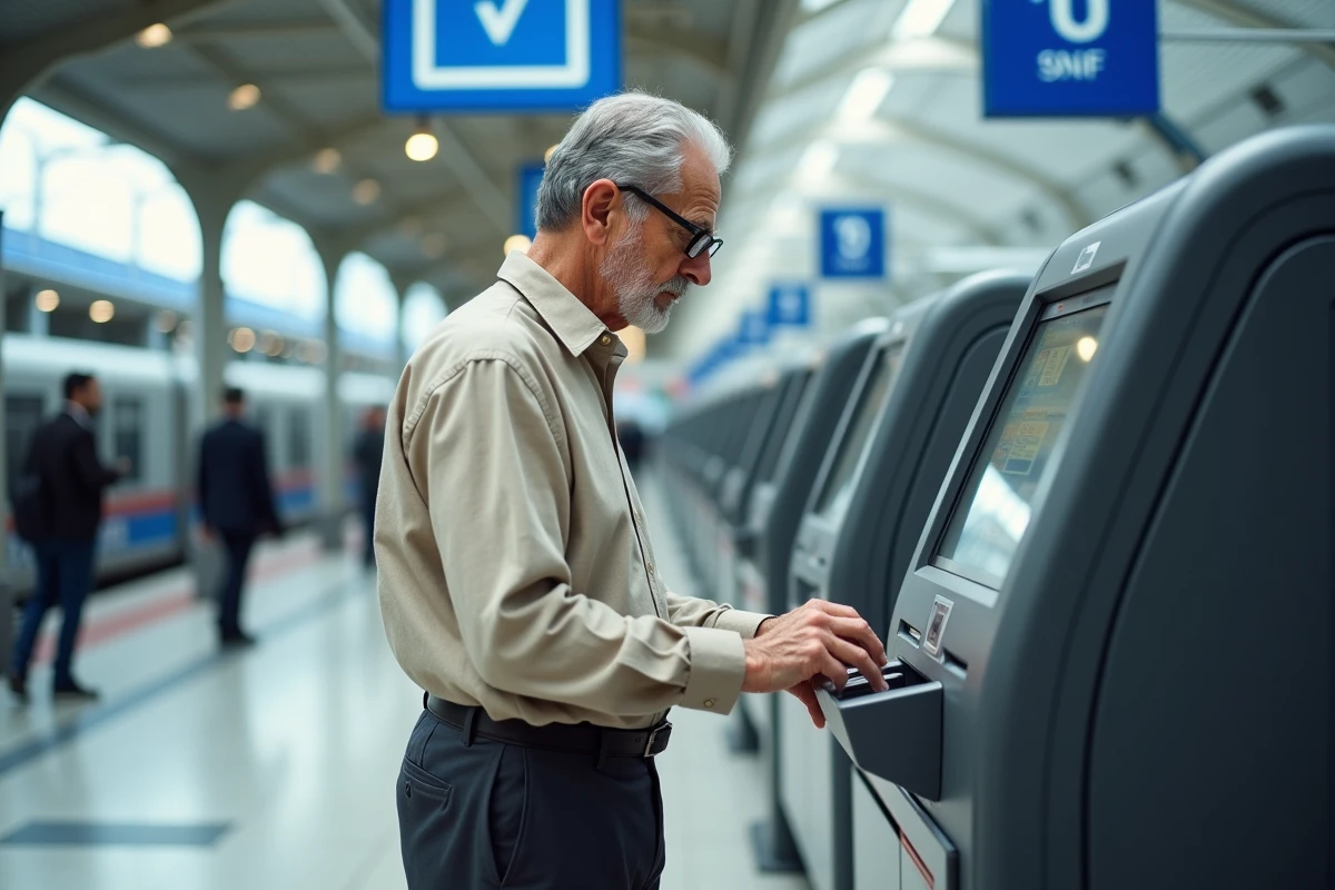 Homme senior utilisant une borne SNCF en gare pour acheter un billet avec la Carte Senior Avantages