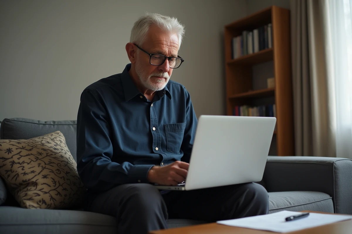 Homme senior consultant les informations sur les aides sociales et l'AAH en ligne depuis son salon en 2026