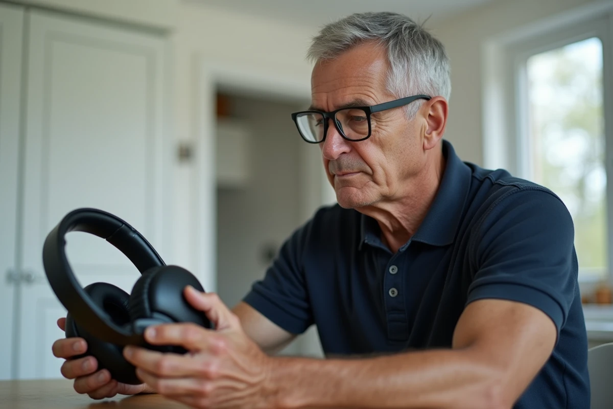 Homme senior examinant un casque TV sénior à la maison, comparatif de casques audio faciles à utiliser