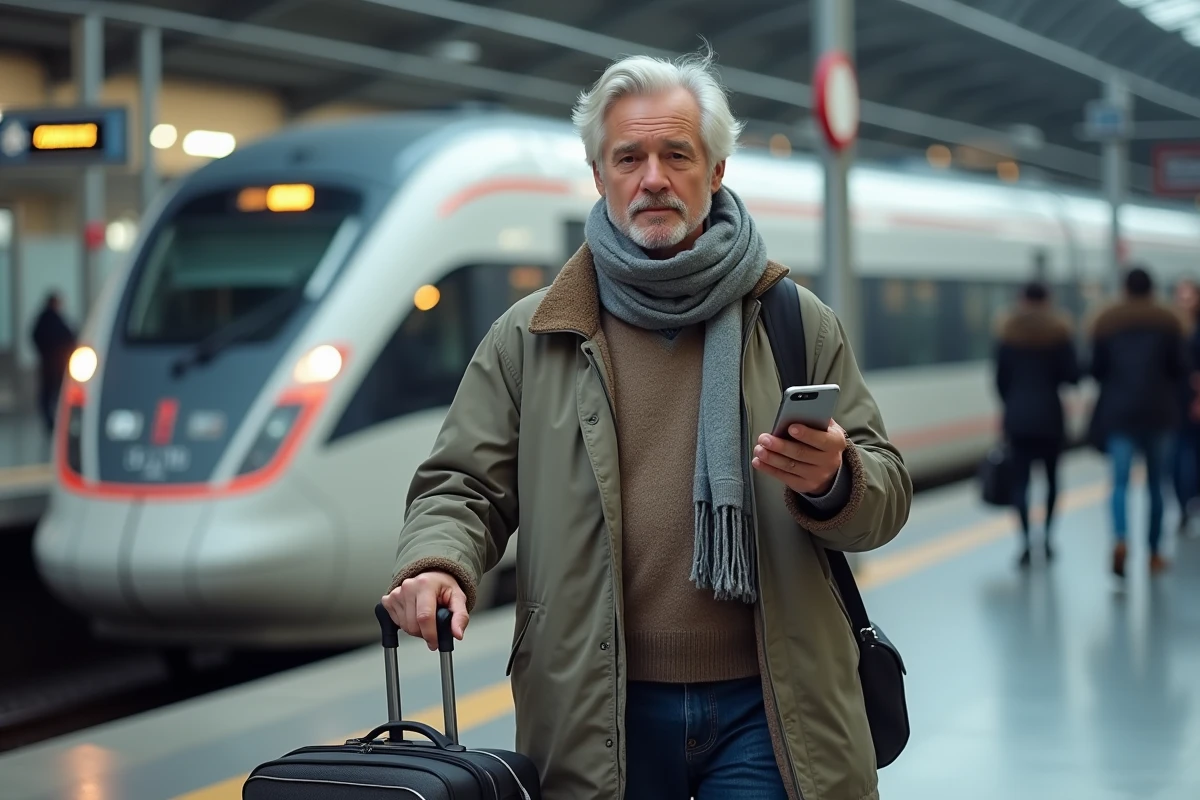 Homme senior avec valise sur plateforme de train moderne