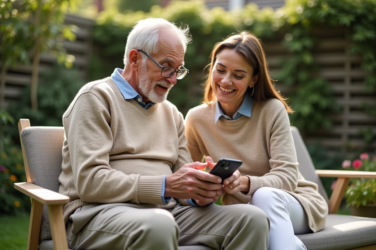 Homme senior expliquant le téléphone à sa fille dans le jardin