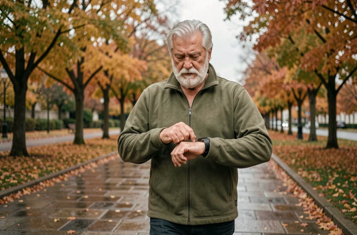 Homme senior actif vérifiant sa montre connectée lors d'une promenade en parc en automne