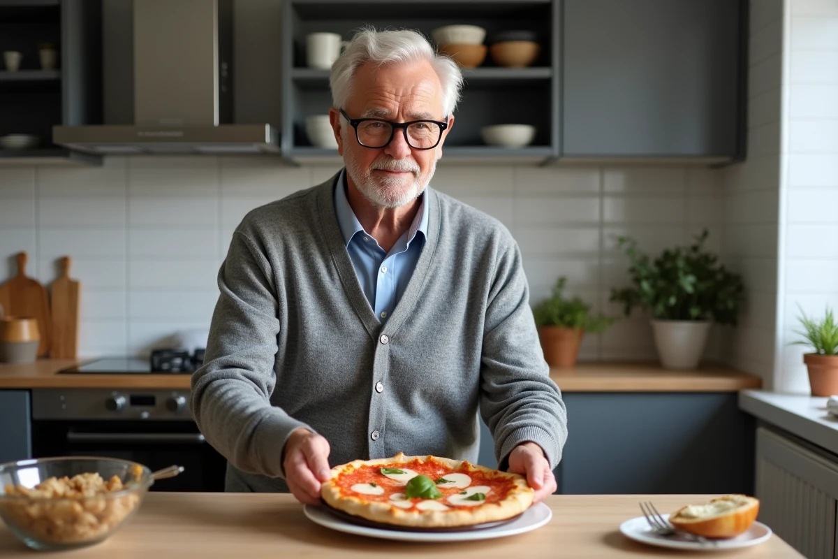 Un homme âgé prépare une pizza individuelle taille senior dans sa cuisine moderne en semaine