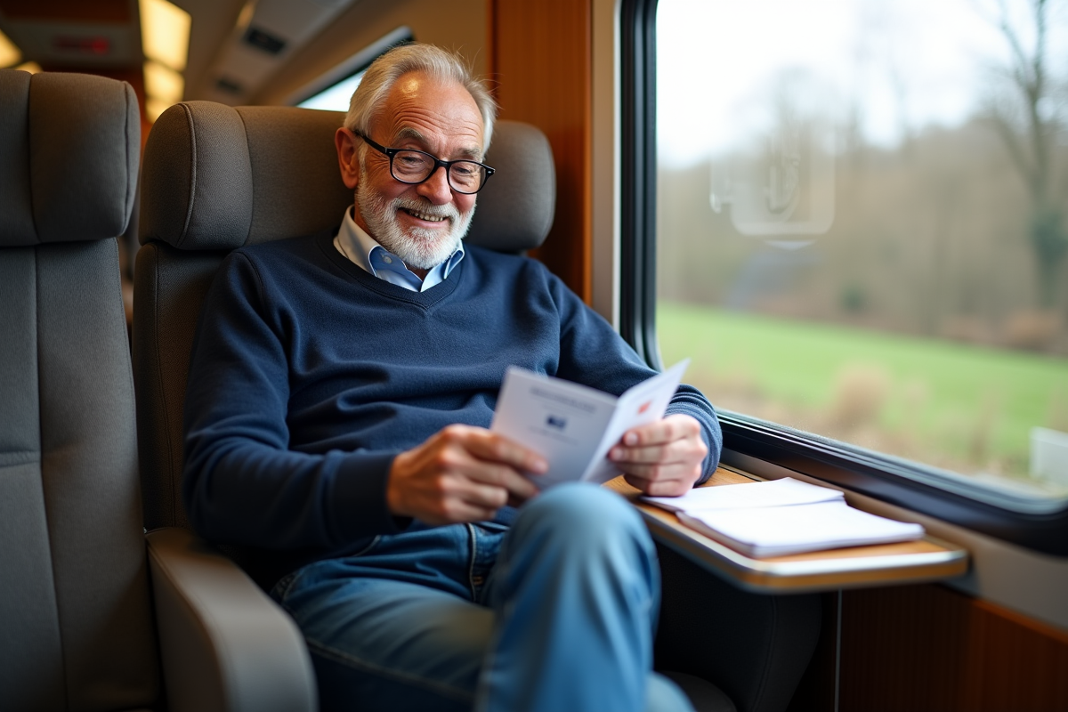 Homme senior souriant dans le train regardant ses billets