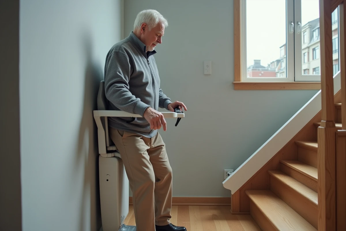 Homme senior inspectant les critères de sécurité d'un monte-escalier debout portable avant achat dans un appartement moderne