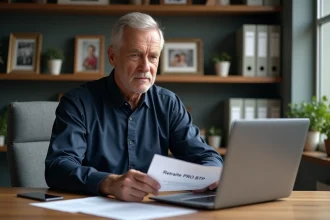 Homme d'âge moyen travaillant sur son ordinateur pour la retraite BTP