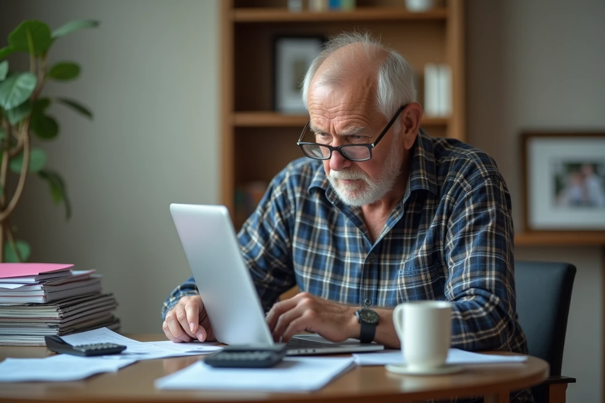 Homme âgé vérifiant son compte pension sur un ordinateur portable