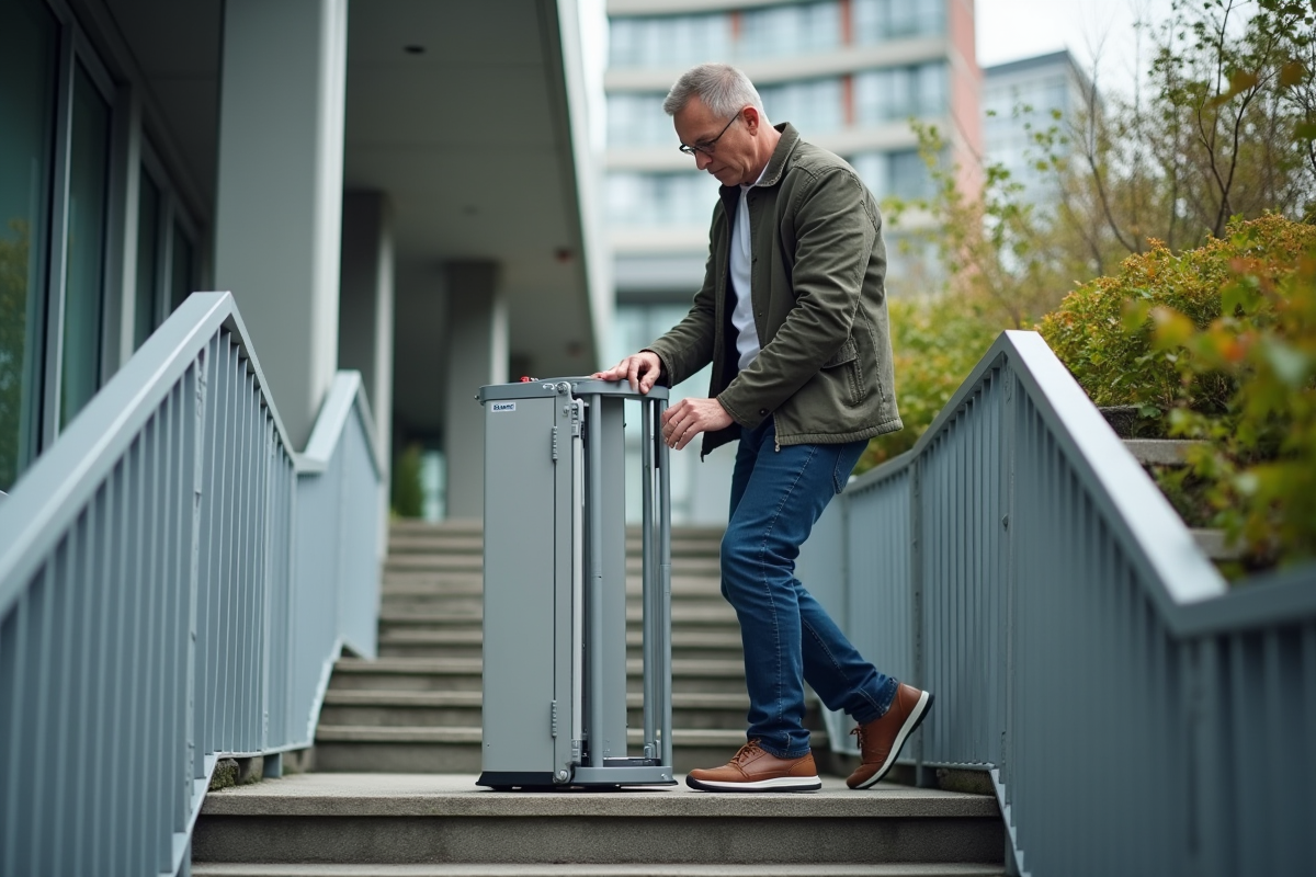 Homme en extérieur assemble un monte-escalier portable