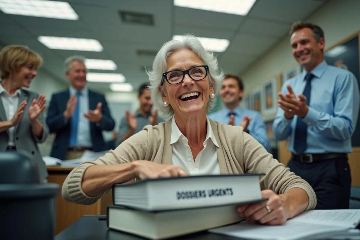 Femme fonctionnaire jetant ses dossiers à la retraite avec humour entourée de collègues dans un bureau municipal