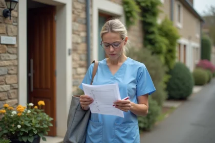 Infirmière à domicile consultant un planning d'interventions SAD devant une maison individuelle