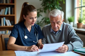 Infirmière en scrubs bleu examinant un PDF d'évaluation Tinetti avec un résident âgé