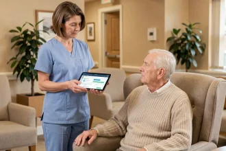 Infirmière en maison de retraite utilisant une tablette numérique NETSoins pour le suivi d'un résident âgé