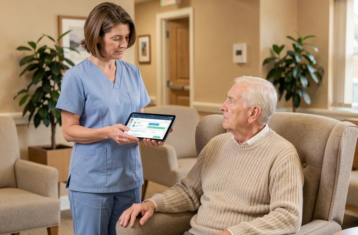 Infirmière en maison de retraite utilisant une tablette numérique NETSoins pour le suivi d'un résident âgé