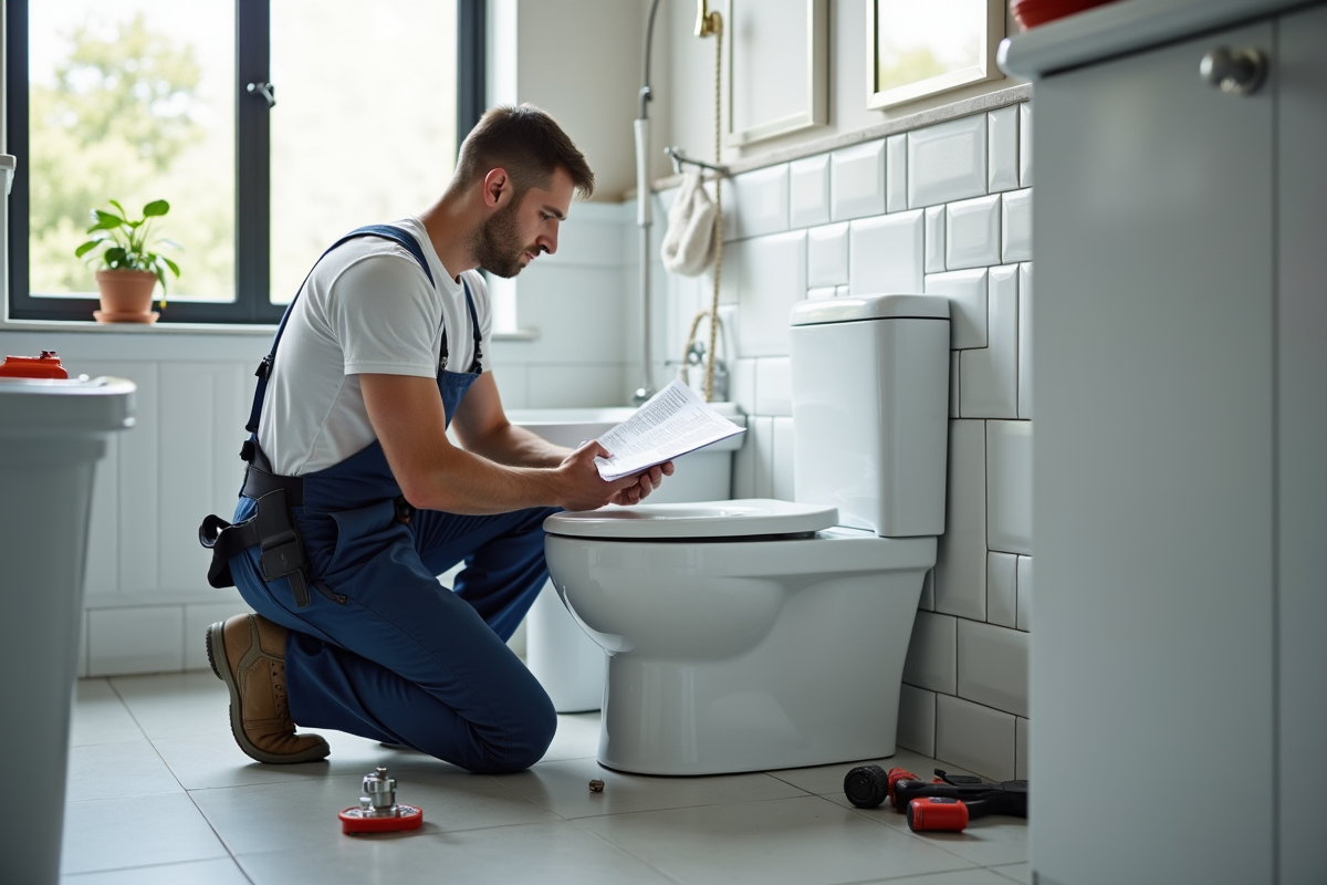 Plombier installant une toilette surélevée dans une salle de bain moderne
