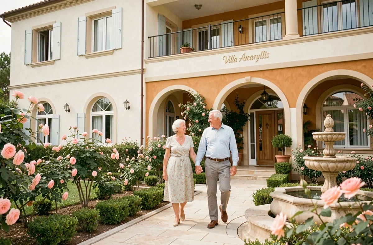 Villa Amaryllis des Jardins d'Arcadie à Antibes avec couple de résidents dans le jardin